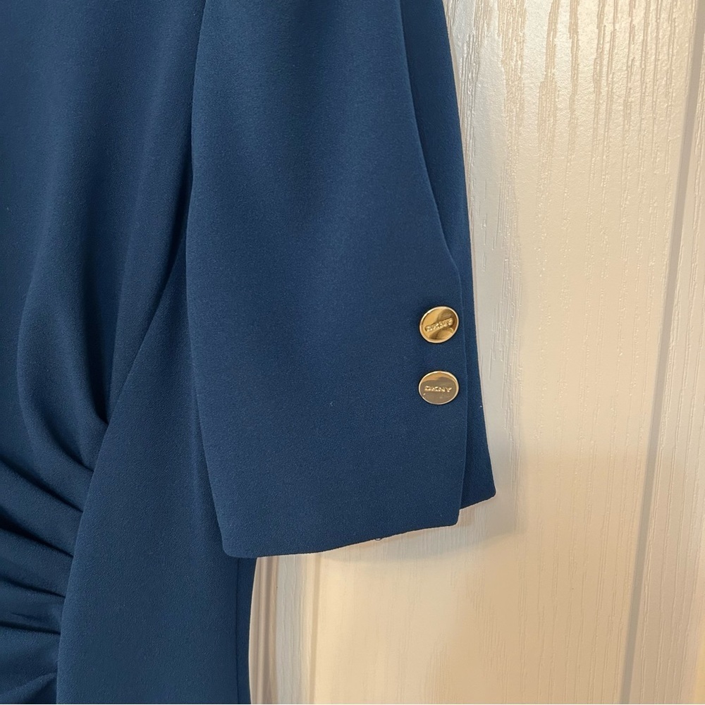 DKNY Button Sleeve Ruched Sheath Dress in Teal Blue Size 4 - Picture 3 of 7